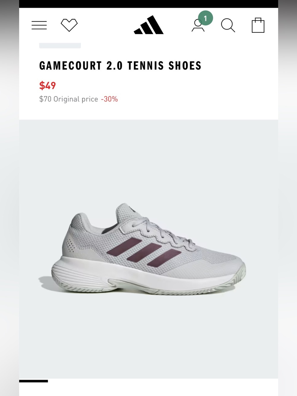 adidas Women's Light Gray GameCourt 2 Athletic Sneakers with Plum Stripes